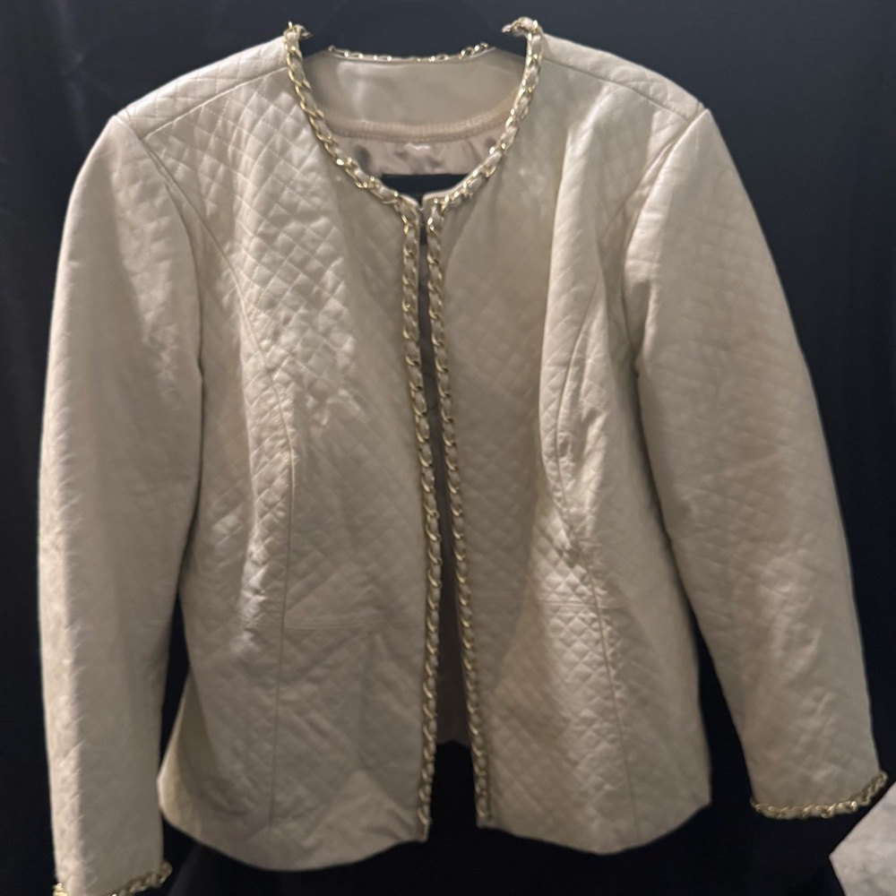 Elegant Leather Bayou Quilted Cream Jacket with Gold Chain Trim Accents